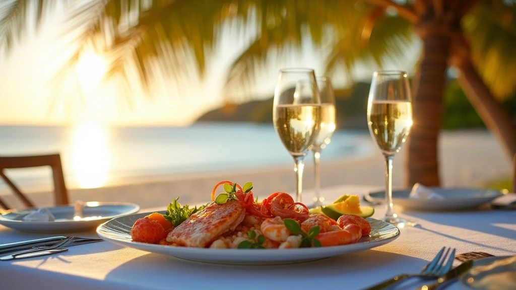 Beachfront-Dinner mit Meeresfruechten am Mission Beach Australien zur goldenen Stunde