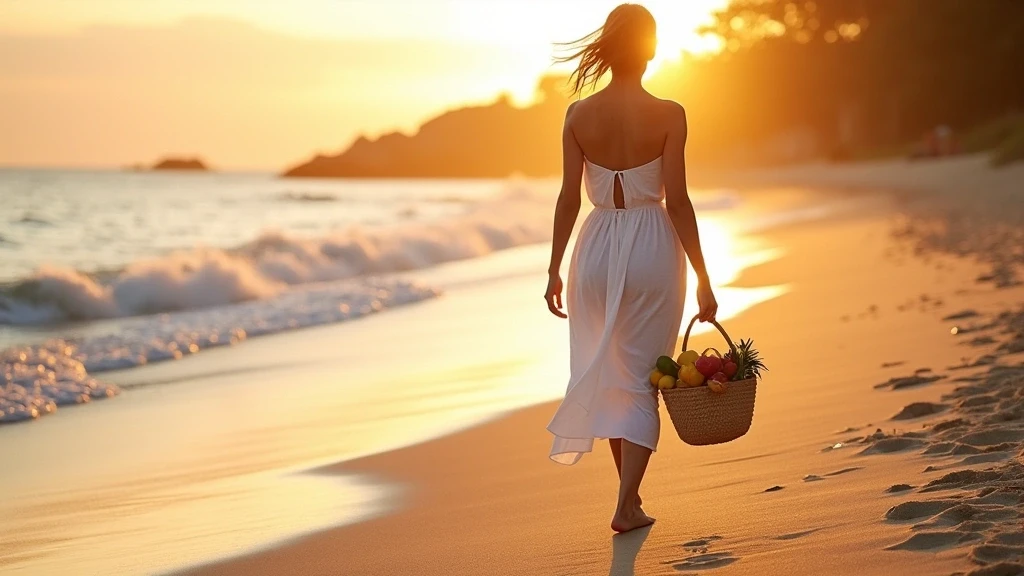Elegante Frau im weissen Kleid am Mission Beach Australien bei Sonnenuntergang