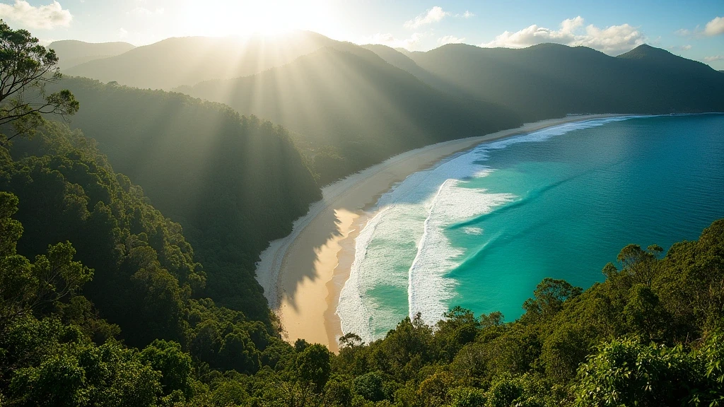 Panorama von Mission Beach Australien mit Regenwald und Kueste am Morgen
