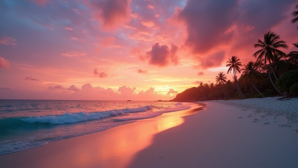 Dramatischer Sonnenuntergang am Mission Beach Australien mit Palmen-Silhouetten