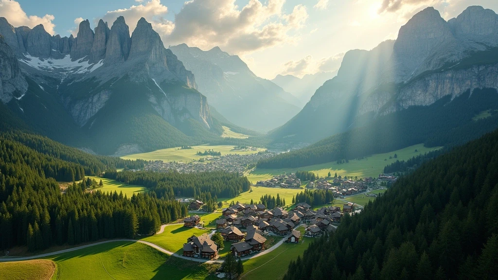 Luftaufnahme von Moena in den Dolomiten zur goldenen Stunde mit traditionellen Haeusern und Bergen