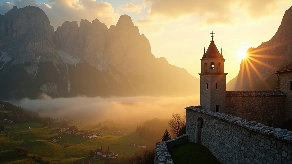Kirchturm von San Vigilio in Moena bei goldener Stunde vor Dolomiten-Kulisse