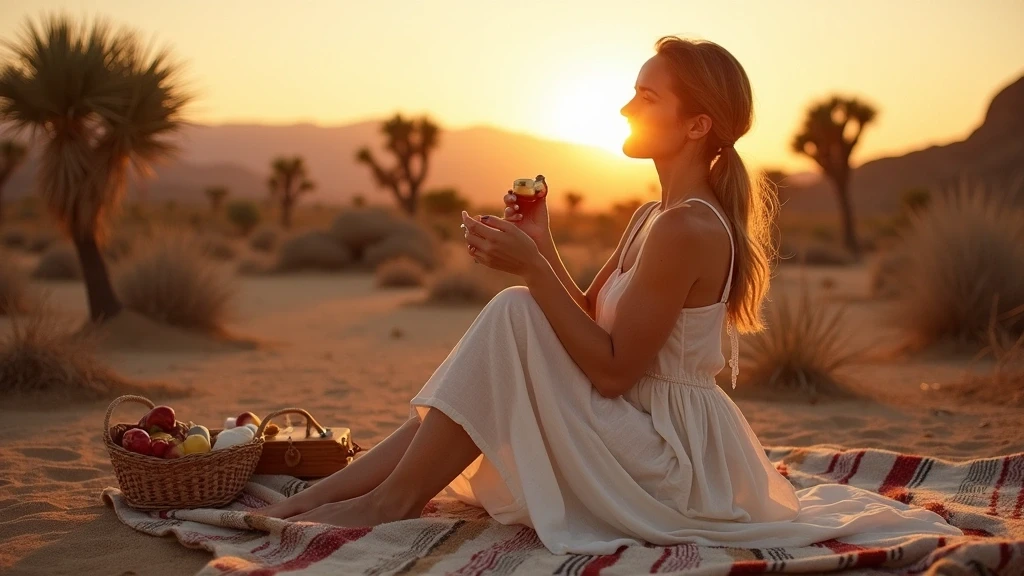 Elegante Frau beim Gourmet-Picknick unter Joshua-Bäumen in der Mojave Wüste