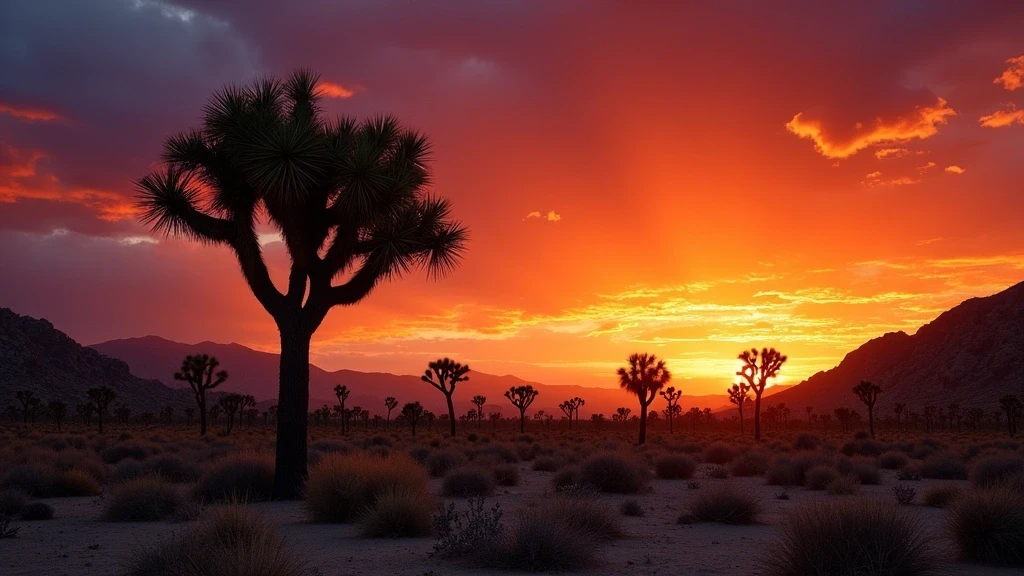 Sonnenuntergang im Joshua Tree National Park mit Silhouetten von Joshua-Bäumen
