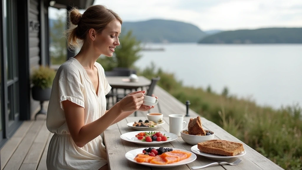 Elegante Frau beim nordischen Frühstück auf Terrasse mit Fjordblick in Molde