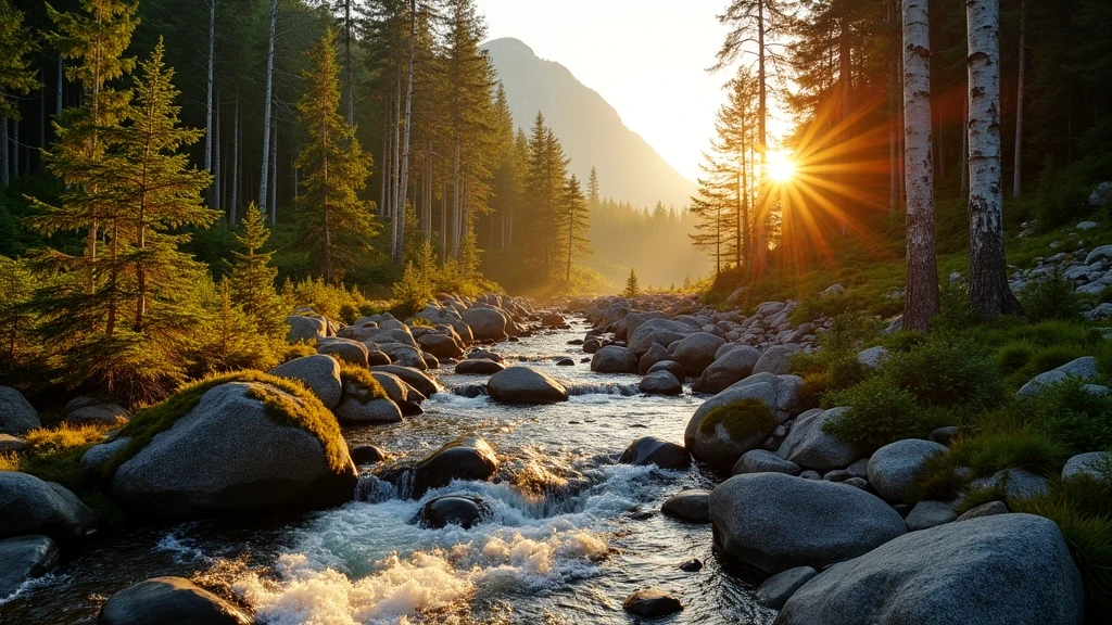 Goldene Stunde im Romsdalen-Tal bei Molde mit Sonnenlicht durch Birken- und Kiefernwald