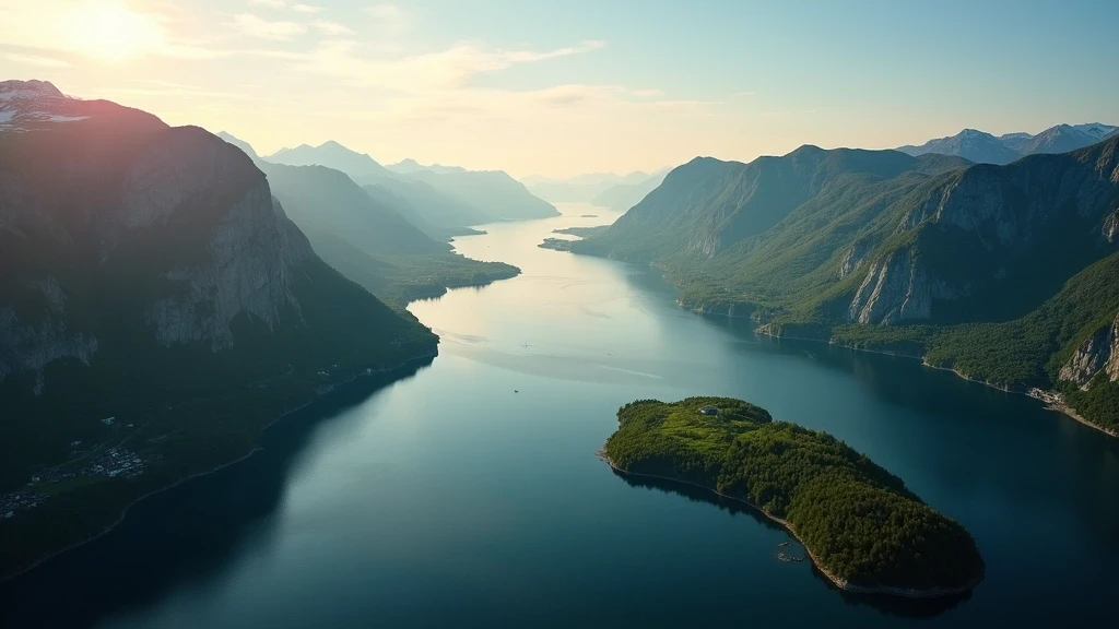Luftaufnahme des Romsdalsfjords mit den Bergen Romsdalshorn und Trolltindene in Molde zur goldenen Stunde