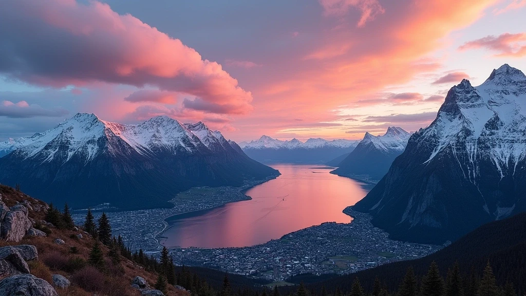 Panoramablick von Varden auf Molde, den Fjord und 222 schneebedeckte Berge bei Sonnenuntergang