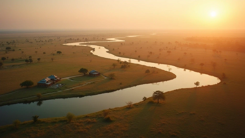 Luftaufnahme der Okavango-Delta-Flutflaechen bei Mombo Camp zur goldenen Stunde