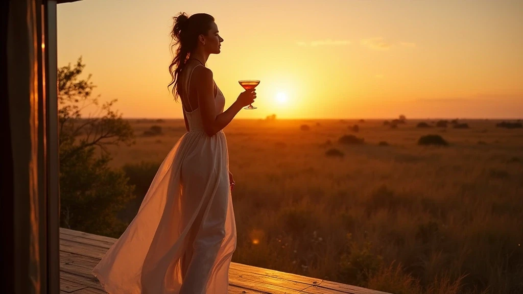 Elegante Reisende geniesst Sonnenuntergang-Cocktails bei Mombo Camp