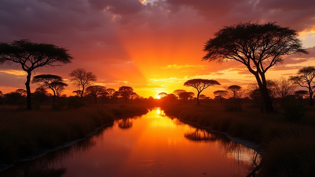 Dramatischer Sonnenuntergang ueber dem Okavango-Delta bei Mombo Camp