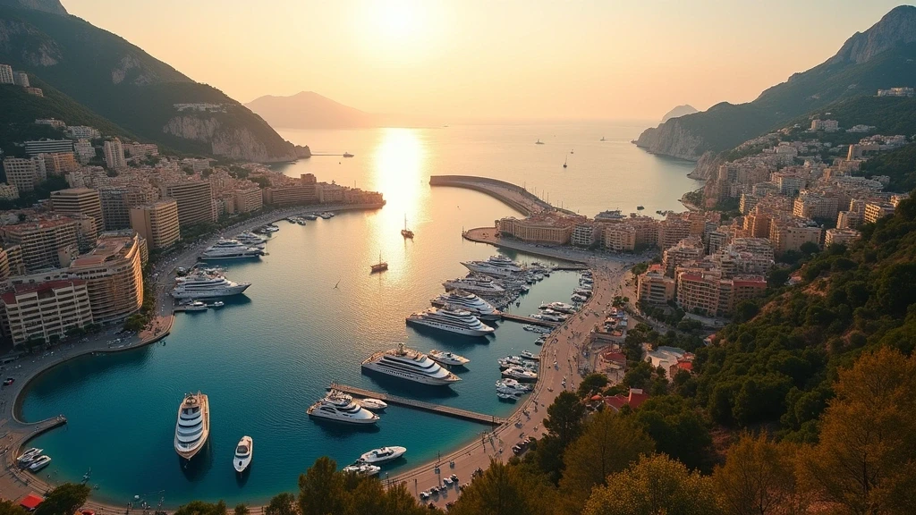 Luftaufnahme von Monaco mit Jachthafen und Casino-Viertel zur goldenen Stunde