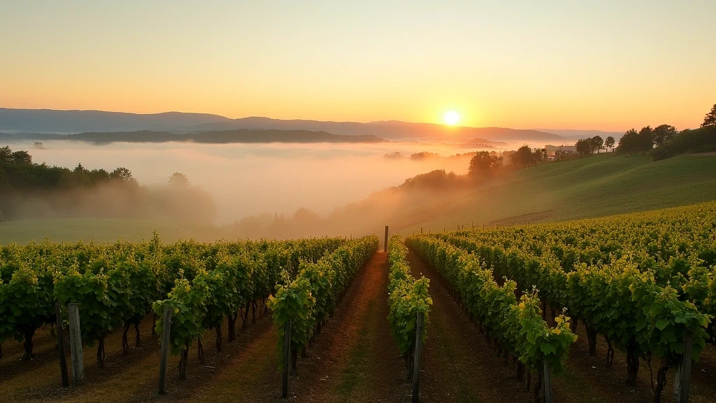 Panoramablick auf Brunello di Montalcino Weinberge bei Sonnenaufgang mit Morgennebel in der Toskana