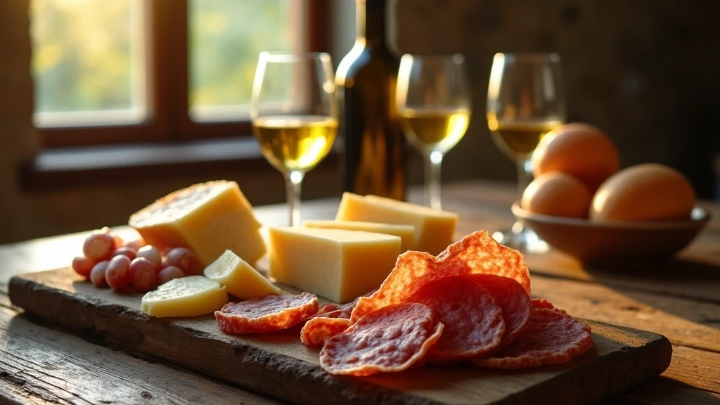 Artisaneller Kaese- und Wurstteller mit Pecorino und Salami in Montalcino bei goldenem Licht