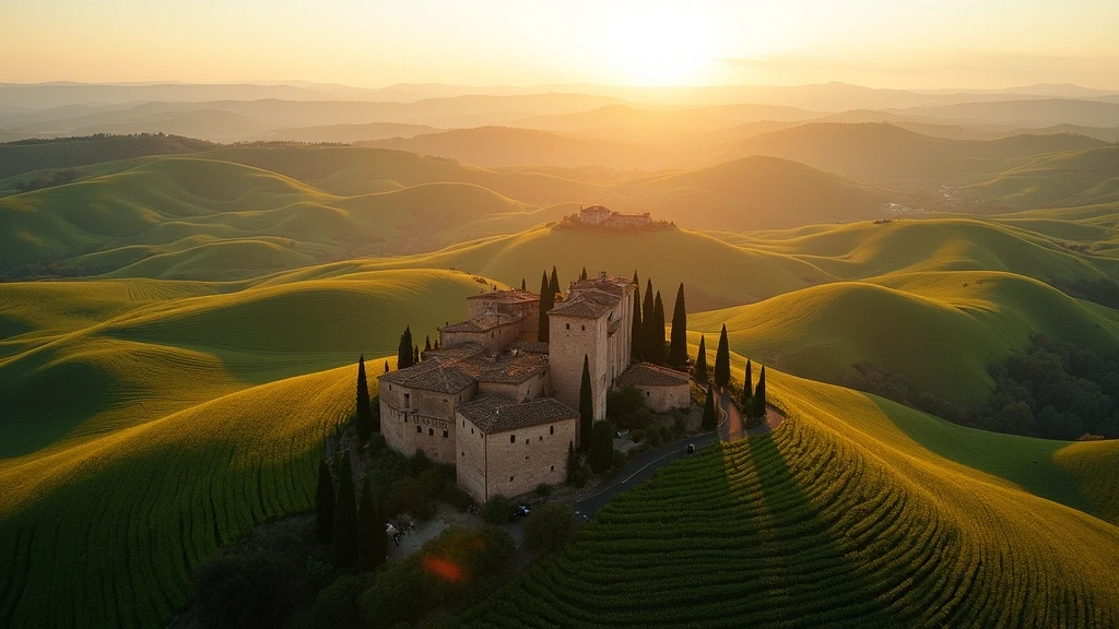 Luftaufnahme von Montalcino mit Weinbergen und mittelalterlicher Festung zur goldenen Stunde in der Toskana
