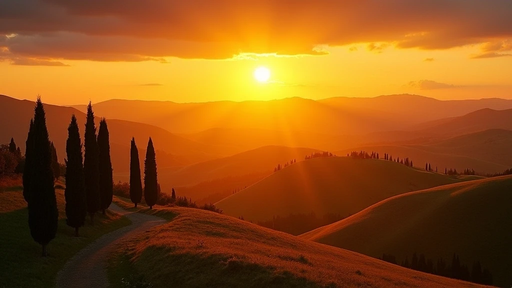 Sonnenuntergang ueber der Val d'Orcia Landschaft in Montalcino mit Zypressen und goldenem Licht