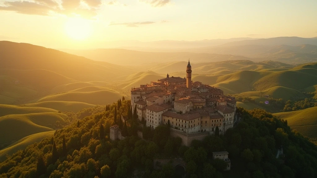 Luftaufnahme von Montepulciano in der Toskana zur goldenen Stunde mit Weinbergen und mittelalterlicher Architektur