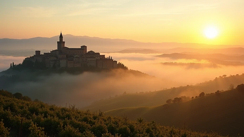 Panoramablick auf Montepulciano bei Sonnenaufgang mit Morgennebel ueber den Weinbergen