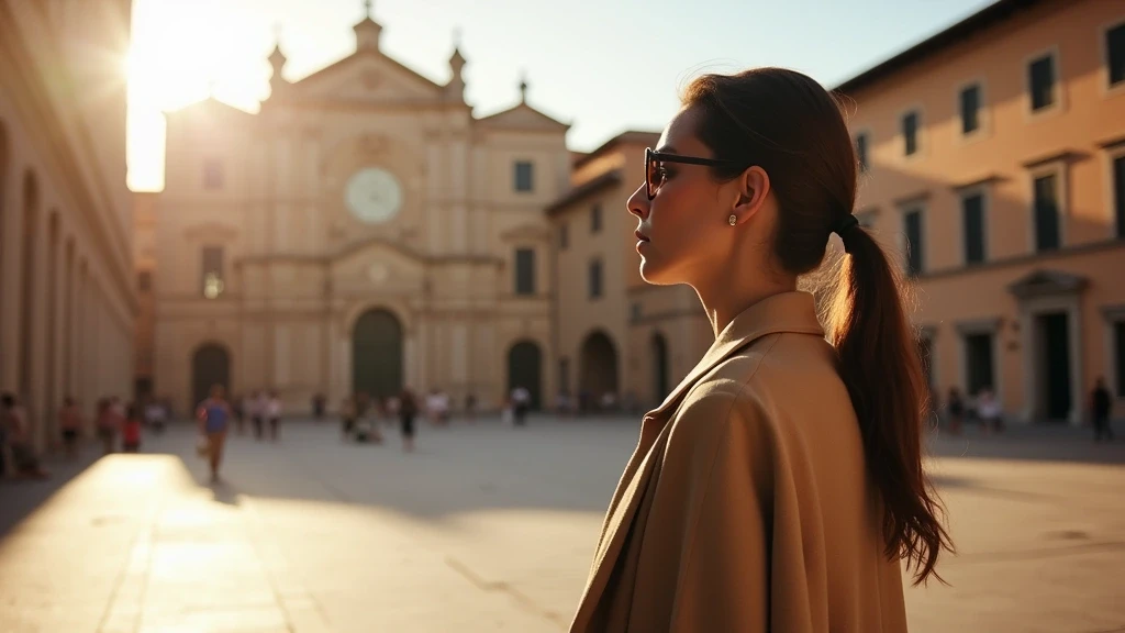 Stylisher Reisender bewundert Renaissance-Architektur auf der Piazza Grande in Montepulciano