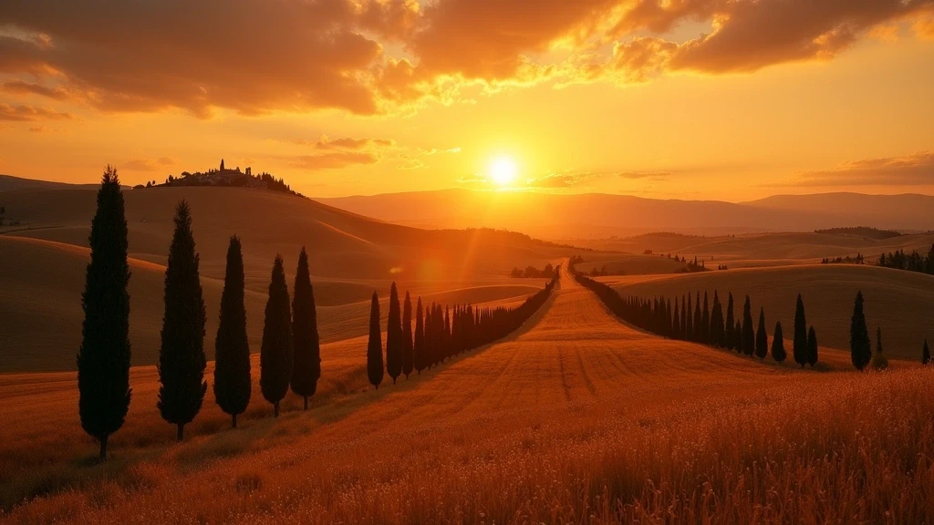 Sonnenuntergang ueber der Val d'Orcia Landschaft bei Montepulciano mit Zypressen und Weizenfeldern