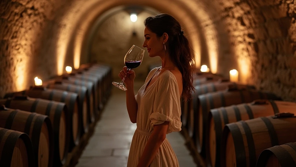 Elegante Frau verkostet Vino Nobile di Montepulciano in historischem Weinkeller in Montepulciano