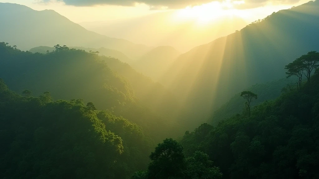 Luftaufnahme des Monteverde Nebelwaldes in Costa Rica zur goldenen Stunde mit mystischem Nebel