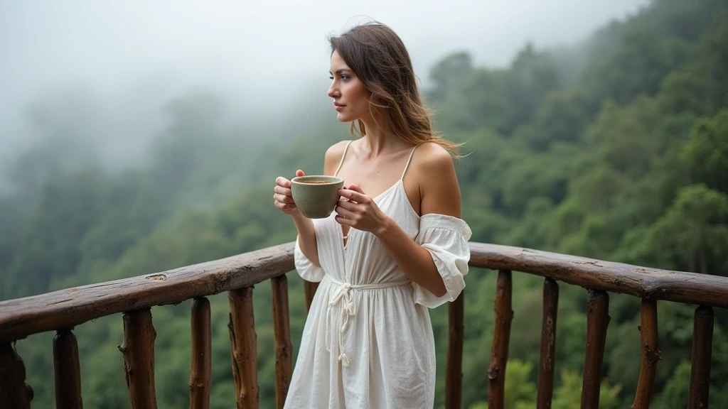 Elegante Reisende geniesst Kaffee mit Blick auf den Monteverde Nebelwald in Costa Rica