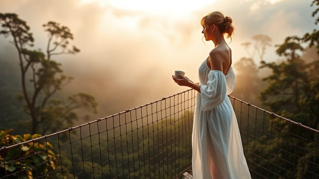 Elegante Frau auf Haengebruecke im Monteverde-Wolkenwald Costa Rica mit Kaffee zur goldenen Stunde