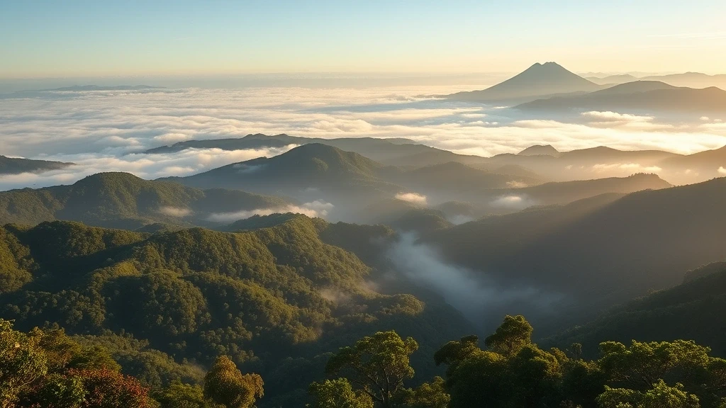 Panoramablick auf den Monteverde-Wolkenwald in Costa Rica mit Nebeltaelern und Bergketten im Morgenlicht