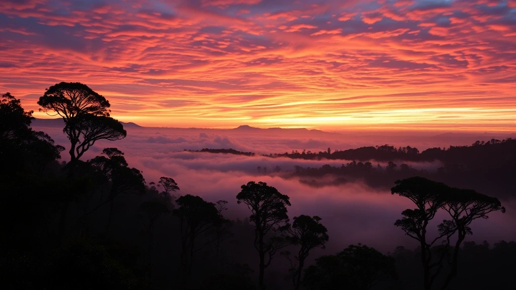 Sonnenuntergang ueber dem Monteverde-Wolkenwald in Costa Rica mit dramatischem Himmel und Nebelwald-Silhouetten