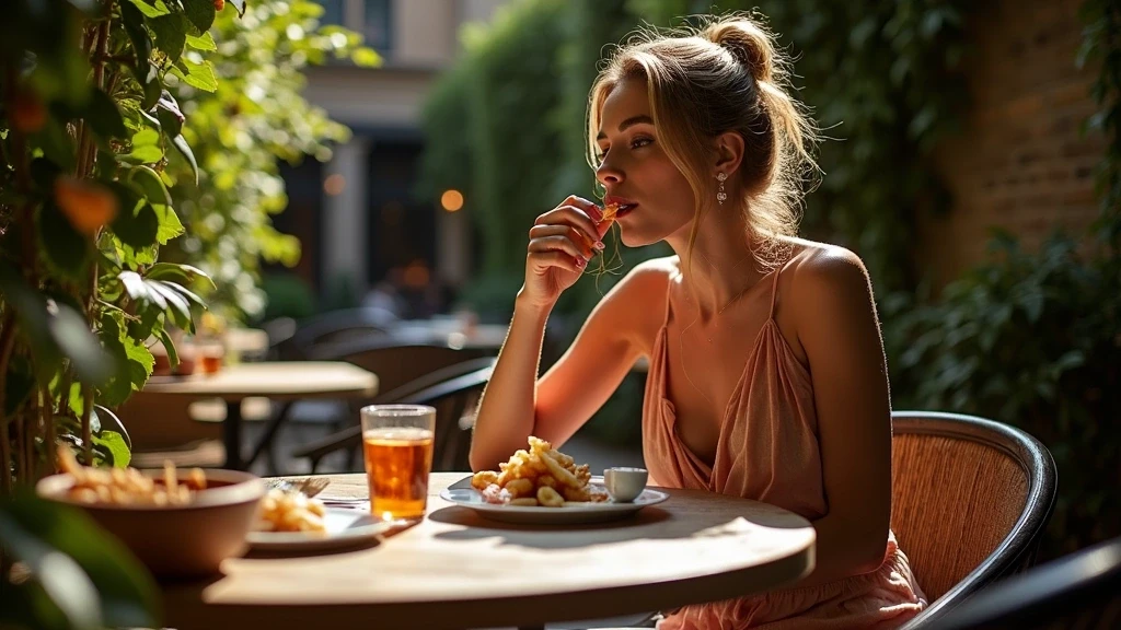 Elegante Frau geniesst Poutine in einem versteckten Hofrestaurant in Alt-Montreal