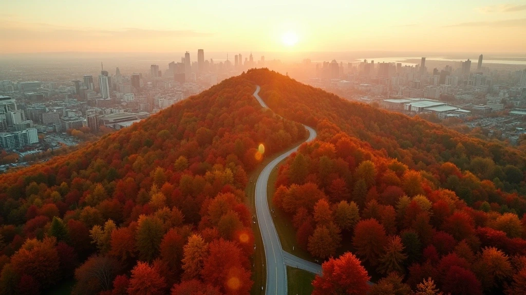 Luftaufnahme von Montreal mit Mount Royal und Herbstlaub zur goldenen Stunde