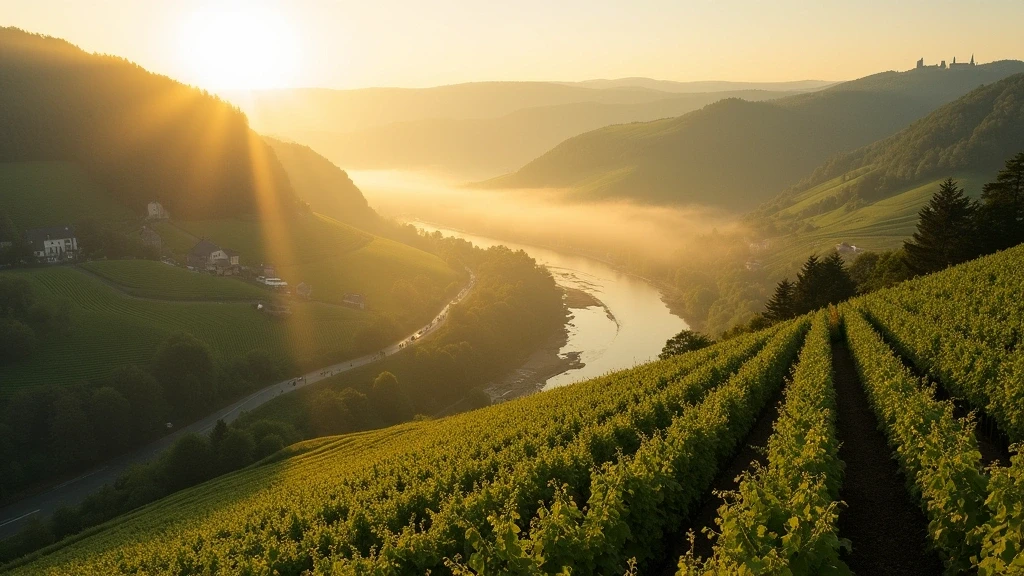Panorama der Mosel-Weinberge bei goldener Stunde mit Burgruinen im Hintergrund
