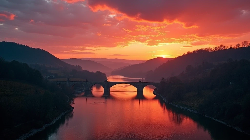 Sonnenuntergang ueber dem Moseltal mit Weinbergen und Flussreflexionen in Deutschland