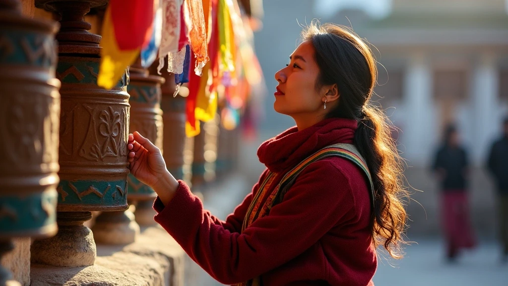 Sherpa-Frau in traditioneller Kleidung bei Tengboche-Kloster mit Gebetsfahnen am Mount Everest