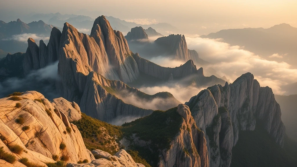 Dramatische Luftaufnahme der Granitgipfel von Hua Shan zur goldenen Stunde mit Klippen und Plankenwegen
