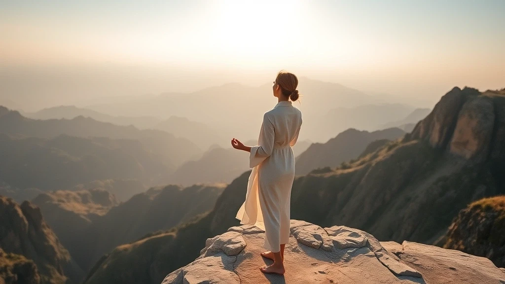 Elegante Reisende meditiert barfuss auf Klippenplattform in Hua Shan bei Morgengrauen