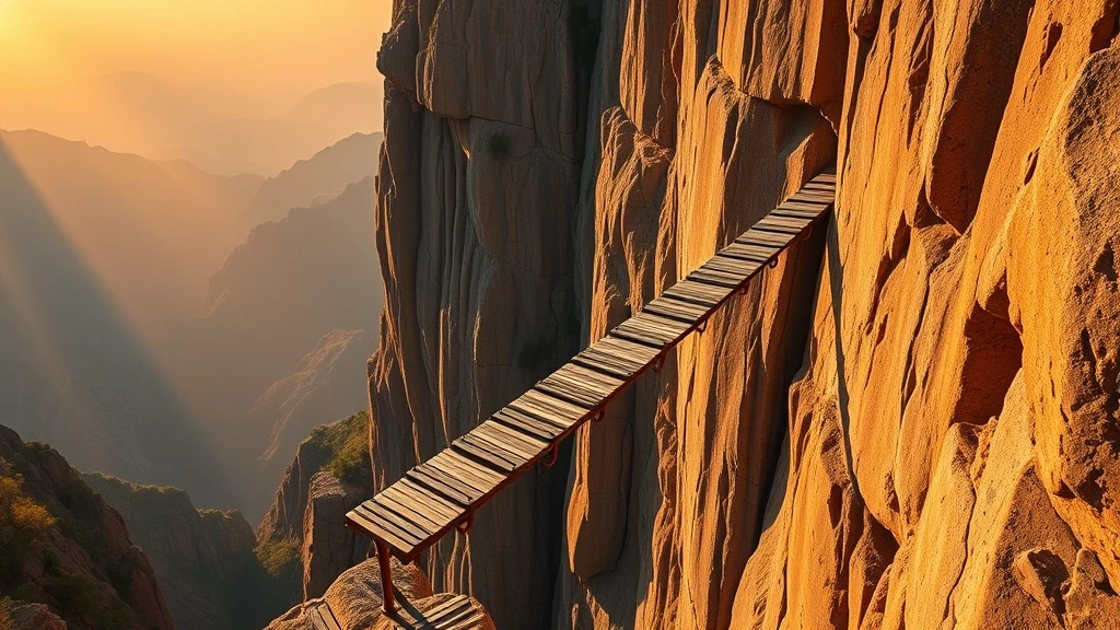 Goldene Stunde auf dem Plankenweg am Himmel von Hua Shan mit Klippen und Tiefblick