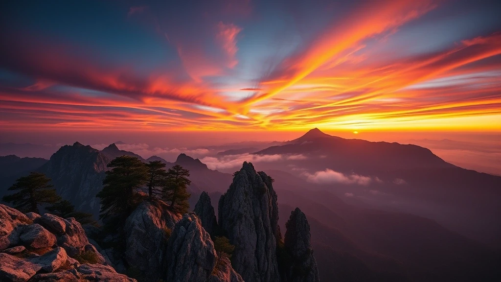 Sonnenuntergang ueber dem Suedgipfel von Hua Shan mit dramatischen Wolken und Kiefern-Silhouetten