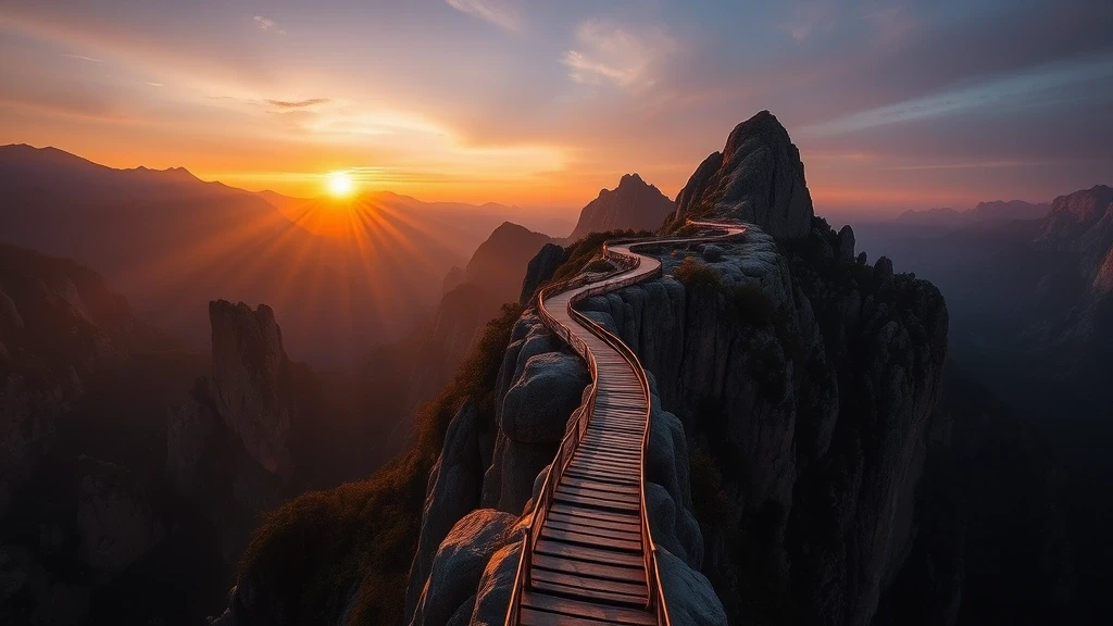 Goldene Stunde am Mount Hua Shan Plank Walk mit dramatischer Beleuchtung der Klippen und Holzplanken