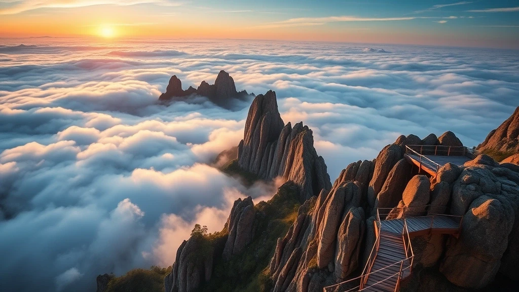 Panoramablick auf die Granitgipfel des Mount Hua Shan Plank Walk im Morgenlicht mit Wolkenmeer