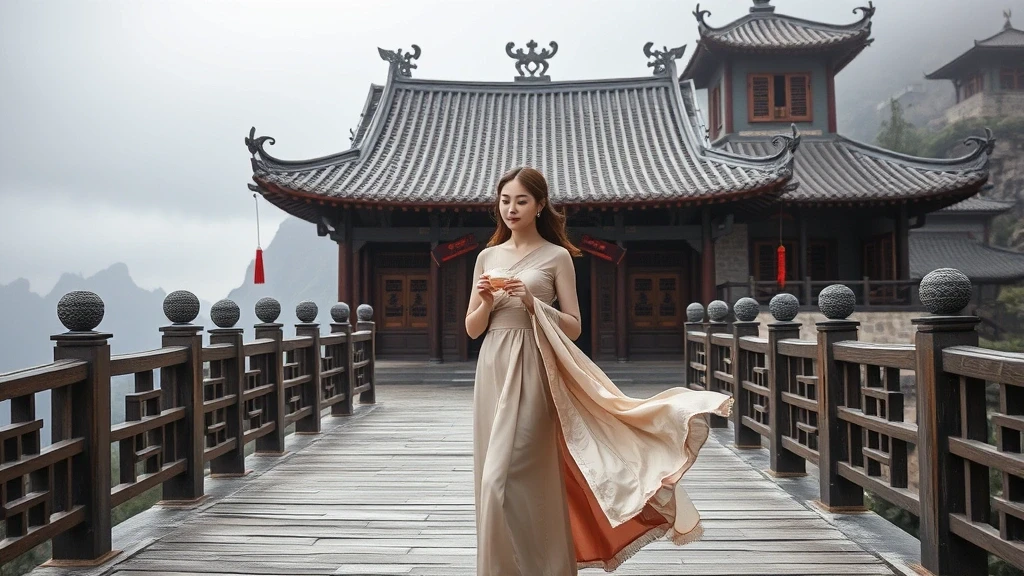 Elegante Reisende in Seidenkleid bei traditioneller Teezeremonie am Mount Hua Shan Tempel