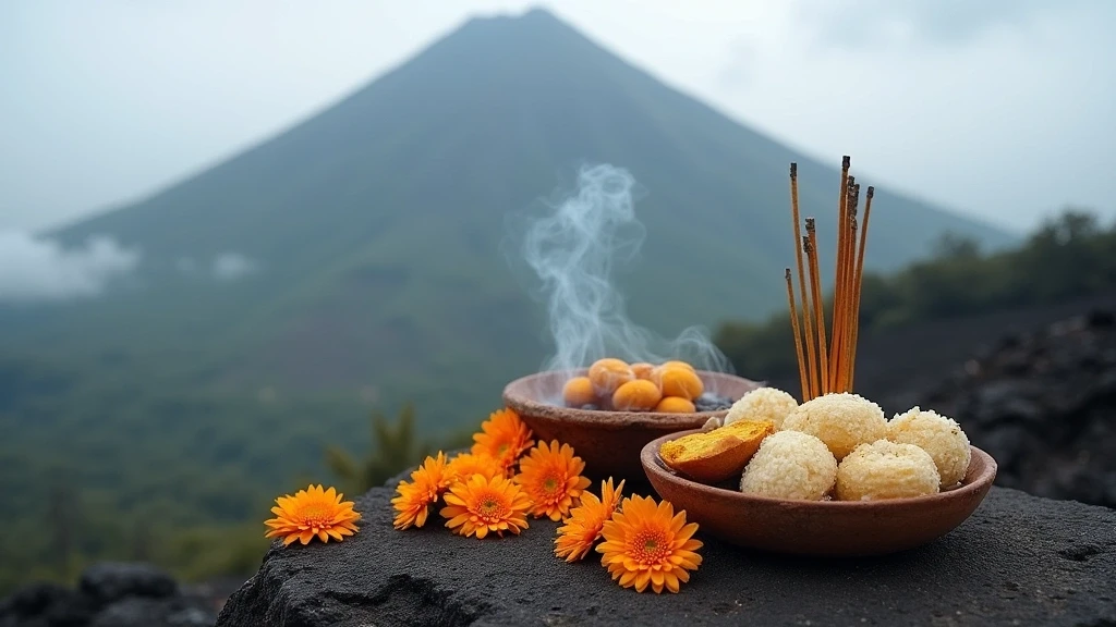 Traditionelle javanische Opfergaben auf Vulkanstein am Mount Merapi in Indonesien