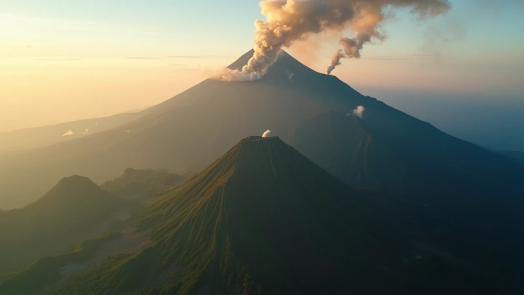 Dramatische Luftaufnahme des rauchenden Vulkans Mount Merapi in Indonesien zur goldenen Stunde