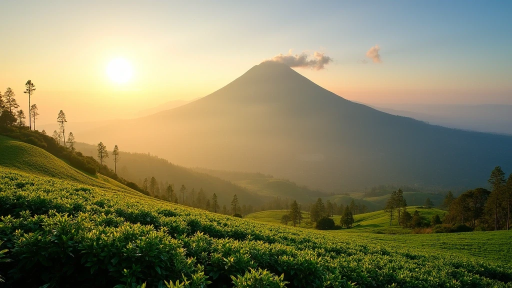 Panoramablick auf Mount Merapi mit Teeplantagen im Vordergrund in Indonesien