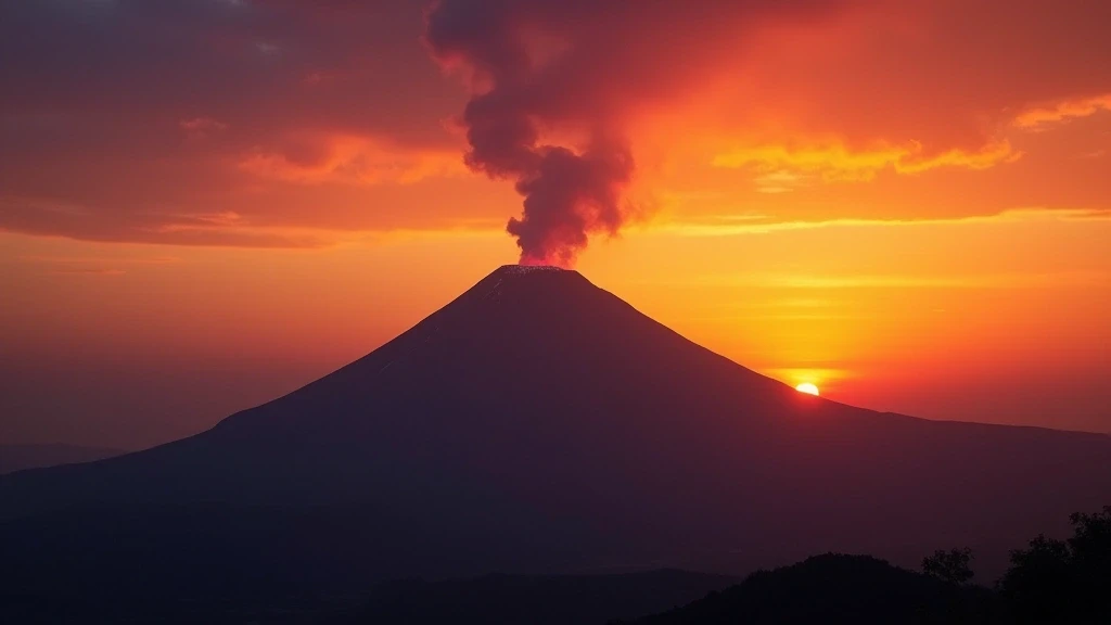 Sonnenuntergang am Mount Merapi in Indonesien mit dramatischem Vulkansilhouette