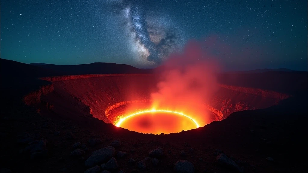 Nachtaufnahme des Lavasees am Mount Nyiragongo mit Milchstrasse im Hintergrund