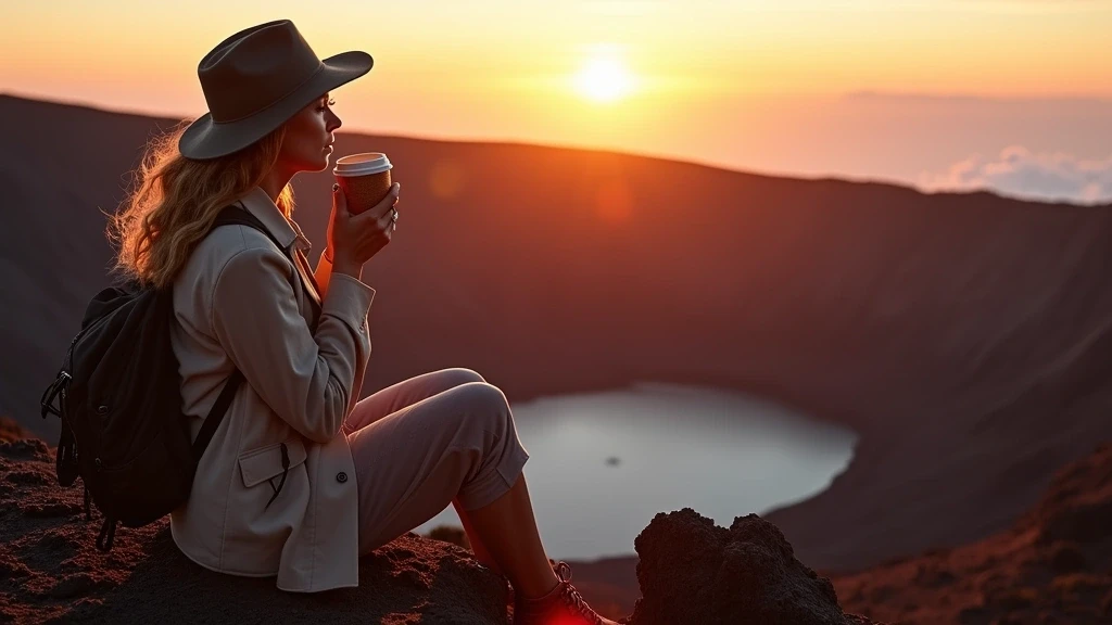 Elegante Reisende geniesst Kaffee am Kraterrand des Mount Nyiragongo bei Sonnenaufgang