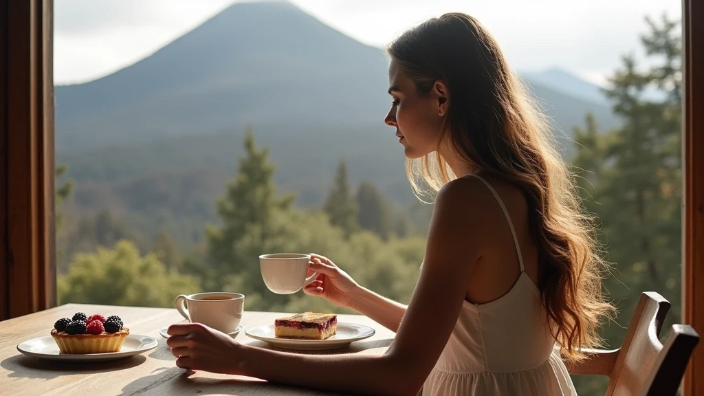 Elegante Frau genießt lokale Küche mit Blick auf Mount St. Helens Landschaft