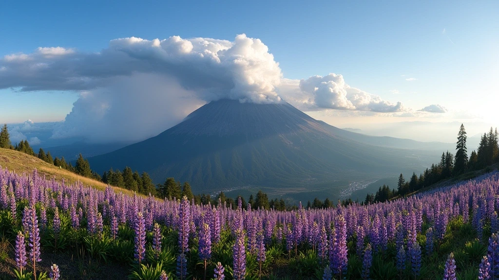 Panoramablick auf Mount St. Helens mit blühenden Lupinenfeldern im Vordergrund